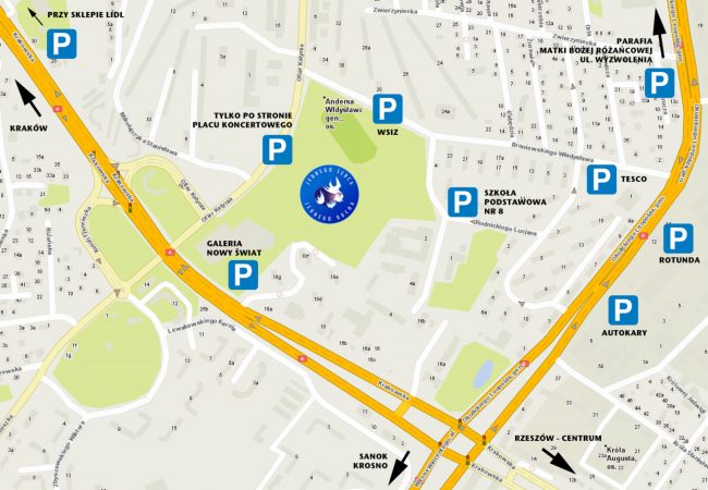 Mapka dojazdowa do placu koncertowego wraz z zaznaczonymi parkingami.